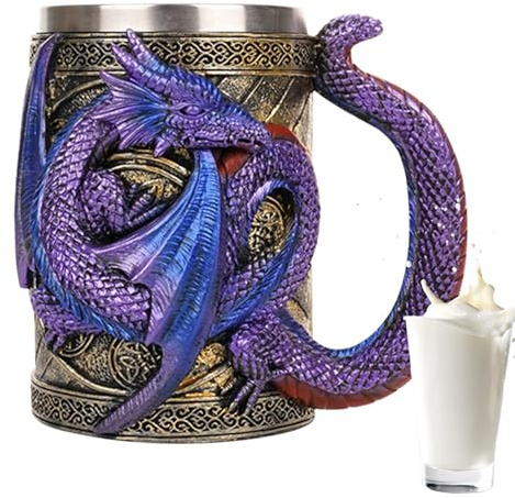 Zasdvn Mittelalterliche Drachen Bierkrug, Edelstahl Kaffeetasse Geschenk Tassen für Drachen Sammler, Thematische Dekoration, Viking Tankard Drinkware Becher für Kaffee/Getränke/Saft 568ml