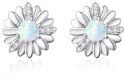 TANGPOET Daisy Ohrstecker 925 Sterling Silber Opal Daisy Blume Ohrringe, Gänseblümchen Ohrring, Schmuck Geschenke für Damen Frauen Mädchen