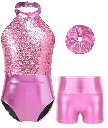 Agoky Bambina Body Danza Classica con Copricapo Body Leotard da Ginnastica Artistica Ragazza Pantaloncini Body Lucido da Balletto Yoga Jogging Corsa Dancewear Palco Rosa Chiaro 9-10 Anni