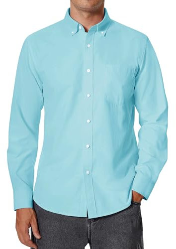 siliteelon Men's Oxford Shirt Long Sleeve Smart Casual Plain Regualr Fit Button Down Shirts with Pockt Turquoise XL