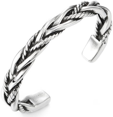 COOLSTEELANDBEYOND Edelstahl Geflochtene Muster Manschetten Armband für Herren Damen, Offenes Armreif Handwerker Gefertigt