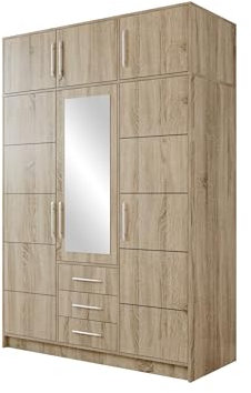 Mirjan24 Drehtürenschrank Bado 3D, Kleiderschrank mit Spiegel, 3 Schubladen und Spiegeltüren, Elegantes Schlafzimmer Schrank, Jugendzimmer (Sonoma Eiche, mit Schrankaufsatz)