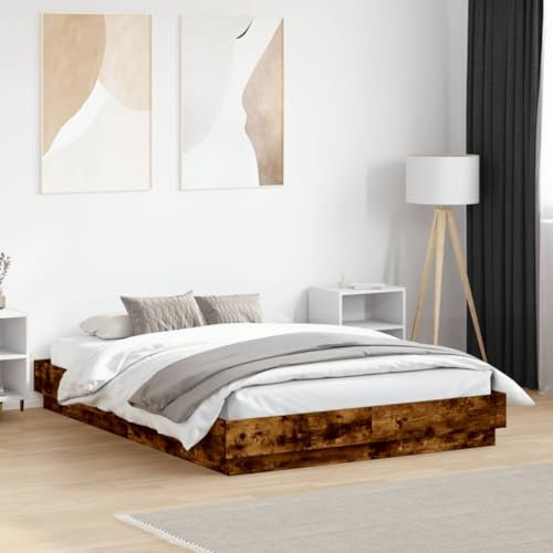 vidaXL Smoked Oak Engineered Wood Bed Frame - Sturdy Plywood Slats, Moisture Resistant, Modern Small Double Size 120x190 cm