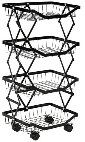 HYGRAD BUILT TO SURVIVE Black Metal Floor Standing Portable Moveable Multi-Tier Collapsible Kitchen Office Home Rack Organiser Storage Trolley With Wheels (4 Tier)