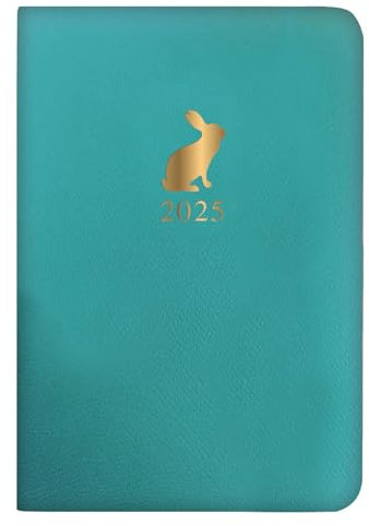 Taschenkalender 2025, stilvoller blauer weicher Einband, Wochenansicht, silberfarbenes Kaninchen-Design