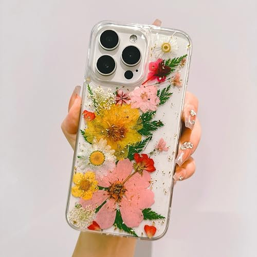 EYZUTAK Case for iPhone 14/iPhone 13, Bling Glitter Sequin Handmade Real Dried Flower Leaf Embedded Pressed Floral Flexible Clear Soft Rubber Gel TPU Protective Bumper Back Cover - Pink+Yellow