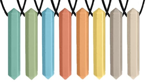 Pencil Sensory Necklace 8 Set - Best for Kids or Adults that Like Biting or Have Autism - Perfectly Textured Silicone Chew Necklace - Chewing Pendant for Boys & Girls