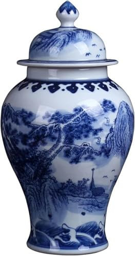 Vases en céramique Pot de gingembre bleu et blanc avec couvercle pour la décoration intérieure, Vase en pot de temple de style Ming en Chine antique Vases à fleurs séchées en porcelaine chinoise tradi