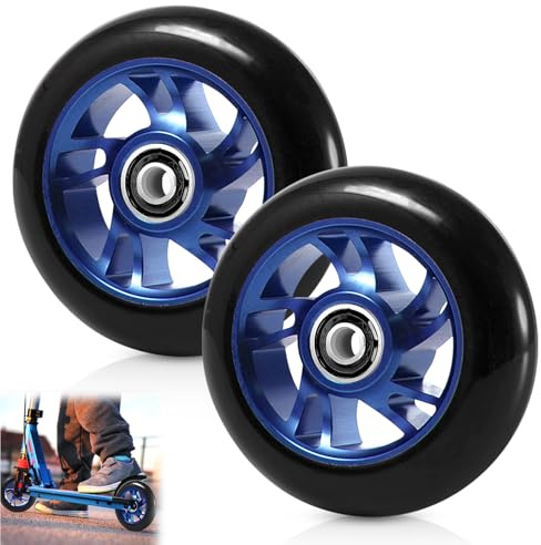 2 Stück 100mm Stunt Scooter Rollen, Roller Reifen Ersatzräder 88A mit ABEC-9 Lager Scooter Ersatzräder Aluminiumlegierung Felgen eScooter Räder Zubehör kompatibel für Meisten Stuntscooter (Blau)