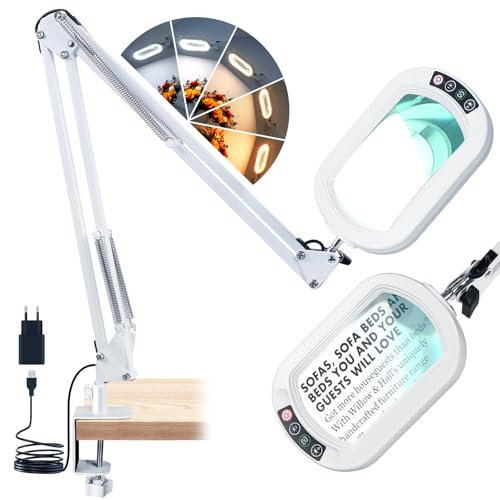 Veemagni 10X Rectangle Loupe avec Lumière et Pince, 2 * 16 Pouces Grand Bras Pivotant LED Lampe de Bureau, 5 Modes de Couleur Gradation Continue, Mains Libres éclairé Loupe Stand pour la Lecture-Blanc