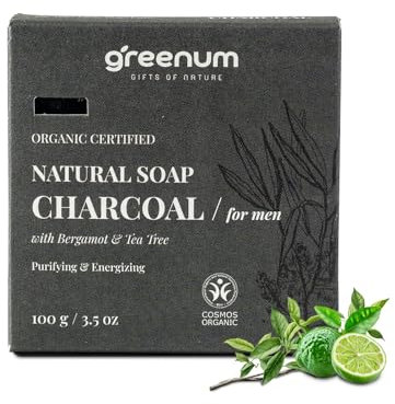 Greenum Bio Aktivkohle Seife für Männer mit Bergamotte & Teebaumöl – Tiefenreinigung & Belebend – 100g – Naturseife – Anti-Pickel – Für fettige Haut