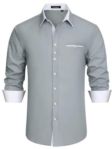 Enlision Chemise à manches longues habillée/décontractée pour homme, pour le travail, coupe droite, gris/blanc, S