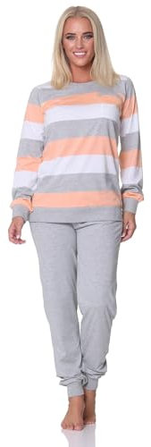 Normann Damen Schlafanzug Langarm mit Bündchen in Blockstreifenoptik - auch in Übergrössen, Farbe:apricot, Größe:48-50
