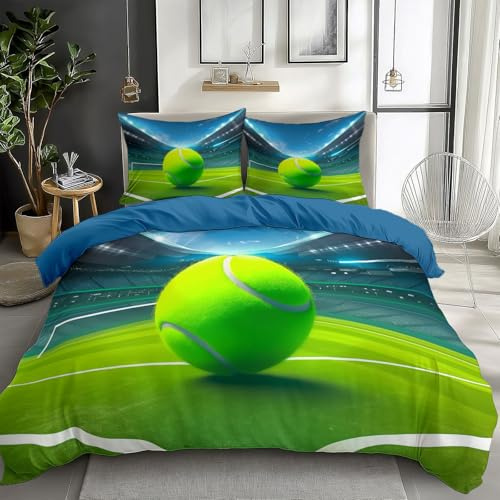 Generisch Blau Bettwäsche-Sets 135x200 cm Sport Stadion Tennis grün Polyester Baumwolle Bettbezug Set mit 2 Kissenbezug, 3-Teilig Bettwäsche für Schlafzimmer Dekorieren, Weich Bügelfrei