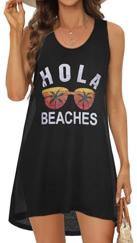 Women Swimwear Summer Casual Tank Dresses Beach Swimsuit Cover Up Bikini Sundress(Black Beach,2XL)