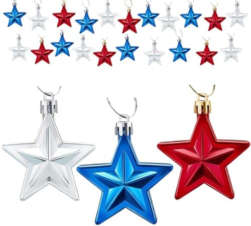24 Pack 4th of July Tree Decorations Red, White & Blue 3D Patriotic Hanging Stars for Memorial Day & All Seasons Home Party Decor