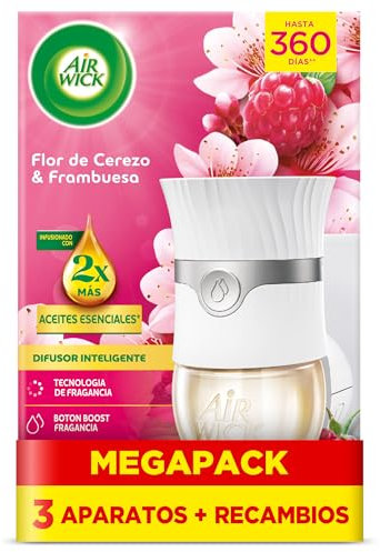 Air Wick Eléctrico Aparato y recambio de ambientador automático eléctrico, con aroma a Flor de Cerezo & Frambuesa - 3 Aparatos + 3 Recambios, El embalaje puede variar