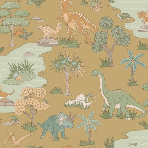 Holden Storybook 14011 Dino Zoo Niedliche Dinosaurier-Thematapete mit prähistorischem T-Rex Velociraptor, Schlangen, Tieren, für Kinderzimmer, Kindergärten für Jungen und Mädchen, Ocker
