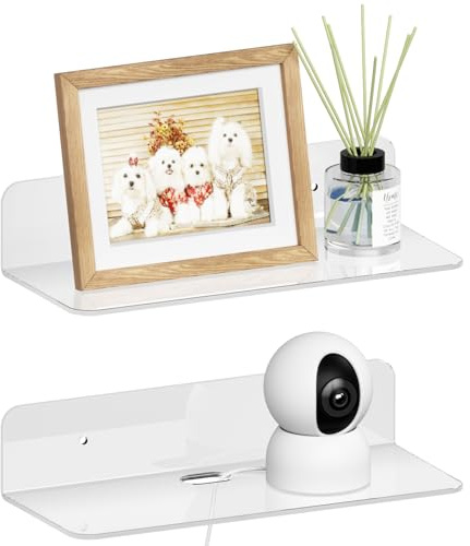 RICHER HOUSE Clear Adhesive Shelves, Acrylic with Wire Hole, 23 cm, 2 Pack | Dual-Mount (Adhesive or Screws), Waterproof Small Shelves, Room Décor Display for Bathroom, Bedroom, Office, Kitchen