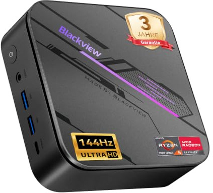 Blackview MP100Pro Mini PC (2026), AMD Ryzen 5 7430U, Win 11 Pro Mini Computer 16GB (ultra-veloce 3733 MT/s) RAM 512GB M.2 SSD, 4K 144 Hz, Illuminazione RGB, WiFi 6 per Ufficio,Studio,Business