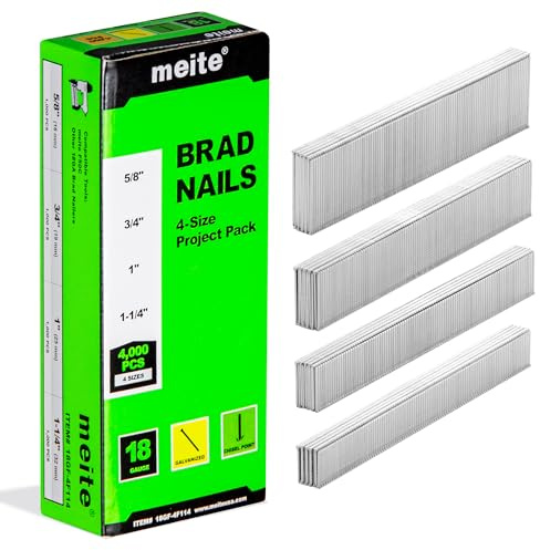 meite Clavos Brad Calibre 18 Surtidos de 16, 19, 25 y 32 mm, Galvanizados, Clavos 18GA para Pistola, Paquete de 4.000 Uds para Clavadoras Neumáticas y Eléctricas