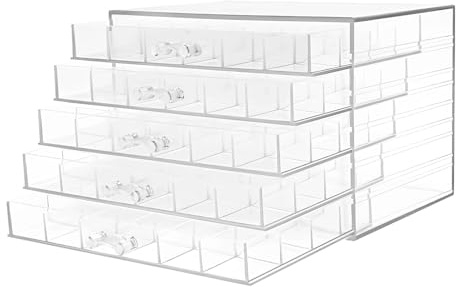 Dokiiovo Acryl-Schmuck-Organisationsbox mit 5 Schubladen, Transparente Nagel-Aufbewahrungsbox mit 5 Ebenen, Ohrring-Aufbewahrungsbox, 24 Fächer pro Ebene, 21,5x14,5x15 cm