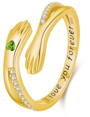 Umarme Ring, Damen Geburtsstein Umarmungensring 925 Sterling Silber Gold Verstellbarer Hände Rings und offenen Schmuck,Geschenke für Mütter, Schwestern und lieben