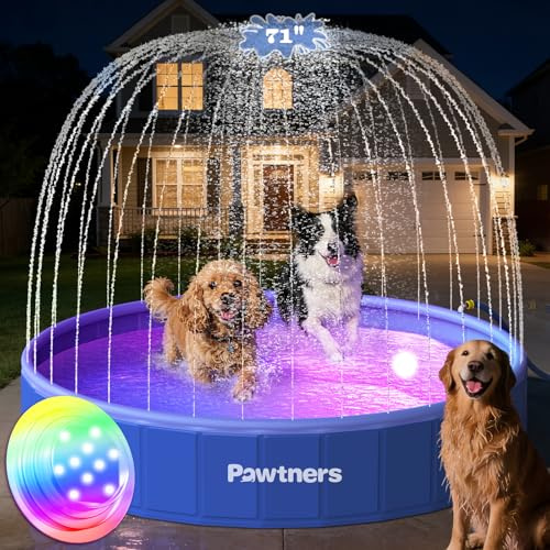 Piscine pliable pour chien avec arroseur LED RVB - 180,3 cm - En plastique dur - Pour chiens de petite, moyenne et grande taille - Bleu