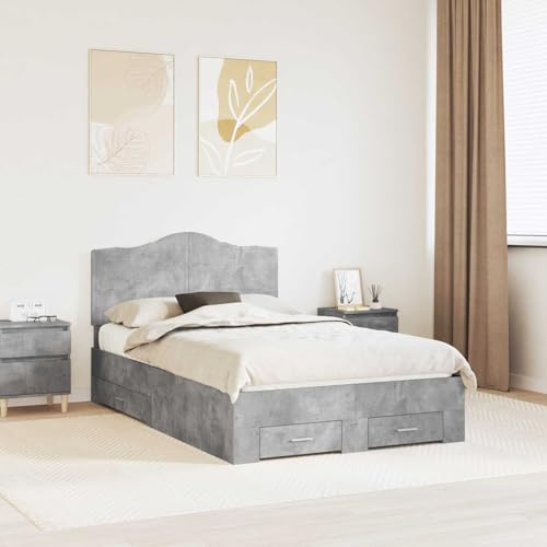 Cadre de Lit Gris Béton 120x200 cm avec Rangement, Tête de Lit et Tiroirs, en Bois d'Ingénierie Robuste, Design Moderne pour Chambre, Facile à Assembler