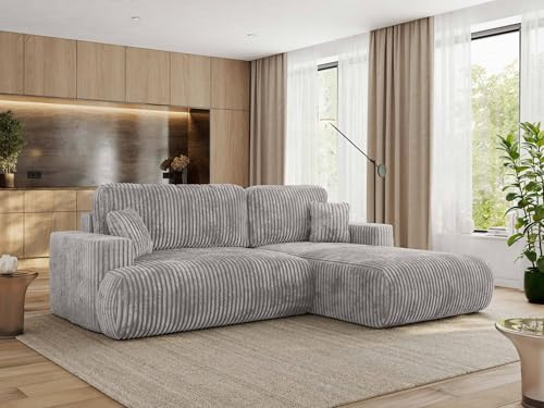 MKS MEBLE Ecksofa Wohnlandschaft L-Form mit Schlaffunktion und Bettwäscheschrank, Schlafsofa mit Bettkasten, modernes Sofa OVO L - Rechts - Hellgrau Cord
