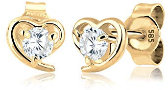 Elli PREMIUM Ohrringe Damen Herz Liebe Freundschaft mit Zirkonia Kristalle in 585 Gelbgold