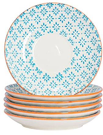 Nicola Spring Hand-Printed Cappuccino Saucers - 14.5cm - Blue - Pack of 6 - Porcelain Tea Dish Espresso Coffee Cup Plate