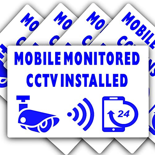 5 x Signs CCTV Mobile Monitored Installed Stickers EXTERNAL 24hr Security Warning Camera Vinyl Video Recording Home Premises Business Shop Blue on White 90x60mm