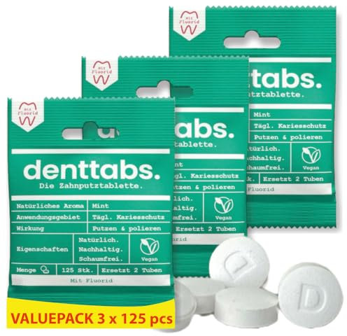 Denttabs Zahnputztabletten Minze mit Fluorid 3 x 125 stk. für 6 Monate die vollwertige Alternative zur Zahnpasta VEGAN Plastikfrei ohne Konservierungsstoffe. Im Orginal denttabs kompostierbaren Beutel