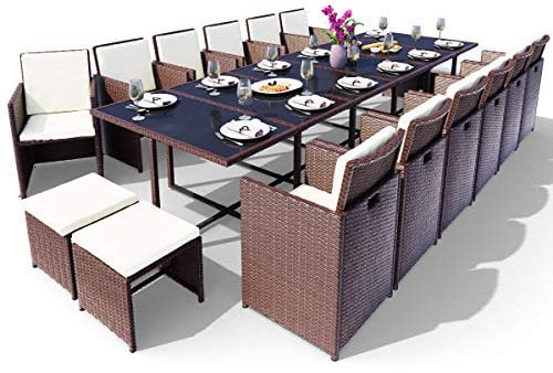 Swing & Harmonie Sitzgruppe Garten - Rattanmöbel Outdoor - Robuste Gartenmöbel - Hochwertige Gartengarnitur - Garten-Essgruppe - Outdoormöbel - Esstisch (17-Teilig, braun)