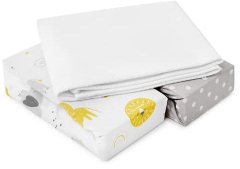 FlyIdeas 3-teiliges Spannbettlaken-Set für Next to Me Beistellbett – 2 Spannleintücher & 1 Wasserdichter Matratzenschoner, 83x50 cm – 100% Baumwolle, Atmungsaktiv & Hypoallergen