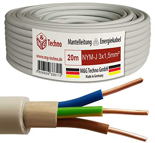 M&G Techno 20m NYM-J 3x1,5 mmІ Mantelleitung Feuchtraumkabel Elektrokabel Kupfer Made in Germany, grau, 10385