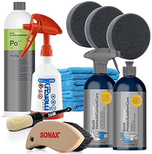 detailmate Koch Chemie Pol Star Kit pour textiles 1L+500ml de produit d'entretien avec pulvérisateur pour le cuir et tableau de bord satiné, pinceau, 4 chiffons en microfibre et 3 tampons applicateurs