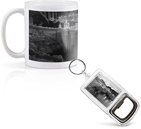 1 x 11oz (284ml) White Ceramic Mug Cup & 1 x Bottle Opener Keyring - BW - Hoover Dam Nevada USA Design for Coffee Tea Drinks Kitchen Birthday Office #39157
