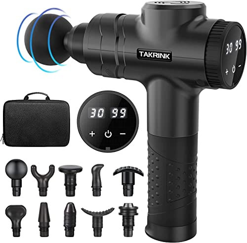 TAKRINK Massagepistole Massage Gun mit 30 Speed und 10 Massageköpfen Kabellose Massagepistole 2800mAh Percussion-Massagegerät mit LCD-Touchscreen Elektrische Handmassagegeräte für Nacken Schulter