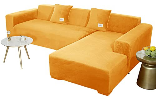 JHLD Sofabezug L Form, Stretch Sofabezug Samt L-förmiger Sofabezug Weiche Anti-rutsch Sofa Überwürfe Für Ecksofa-Golden-4 Sitzer+4 Sitzer