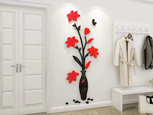 3D Flowers Wall Stickers Vase Mirror Wall Murals DIY Art Home Decor Decal Wallpaper for Living Room Bedroom TV Background Romantic Decoration Sticker