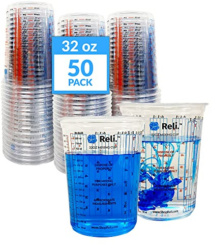 Reli. (50 Pcs) 32 oz (1 quart) Paint Mixing Cup | Disposable Measuring Cups | Clear Plastic Mixing | Use for Paint, Epoxy, Resin, Pigments (32oz)