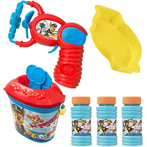 Paw Patrol Bubble Bundle | Bubble Flurry Set for Kids Age 3+ | Includes Bubble Bucket with 3 Wands, Electronic Bubble Gun with Tray & Solution | Outdoor Bubble Toy
