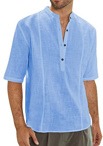 Herren Sommer Casual Tops Shirt Einfarbig Mode Hemd Halbarm Knopf Stehkragen Hemdbluse Oberhemd (XL,Blau)