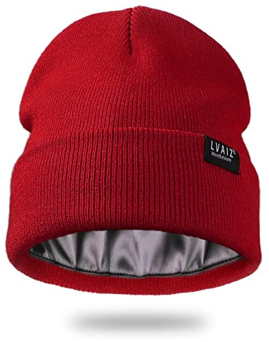 Mit Satin gefütterte Wintermütze für Damen, Unisex, Baumwolle, Strickmütze mit Bündchen und seidigem Futter, Slouchy Skull Cap, Weinrot, Einheitsgröße