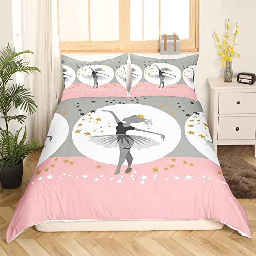 Ensemble de Housse de Couette Danseuse Blanc Rose Gris Ensemble de literie de Ballet étoiles décor Filles Princesse Belle Housse de Couette 220x240 Mignon Enfants Danse Housse de Couette Microfibre
