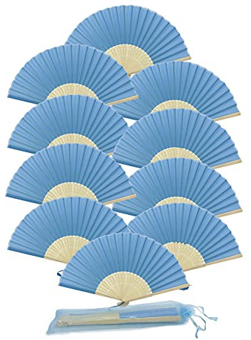 FANSOF.FANS Pack of 10 Fabric Fan with a Tassel Grade A Bamboo Ribs Party Favour Handheld Fan (True Blue)