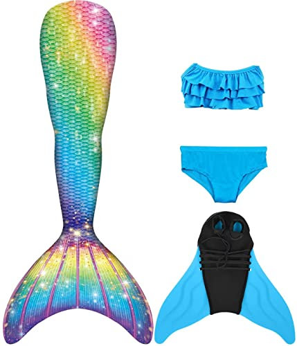 NAITOKE meerjungfrauenflosse mädchen Badeanzug - Meerjungfrau Flosse Bademode mit Bikini Set und Monoflosse Mermaid Tail, 4 Stück Set, XQSAK,140