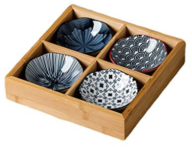 Keramik Servierschalen Set 4er Dip Schälchen mit Bambus Servierplatte, Ideal für Tapas, Antipasti, Sushi,Raclette oder Fondue (GB6014)
